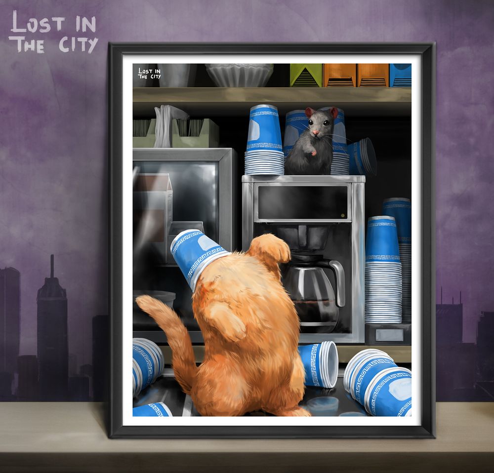 Coffee Cat and Rat Print | Lost in the City